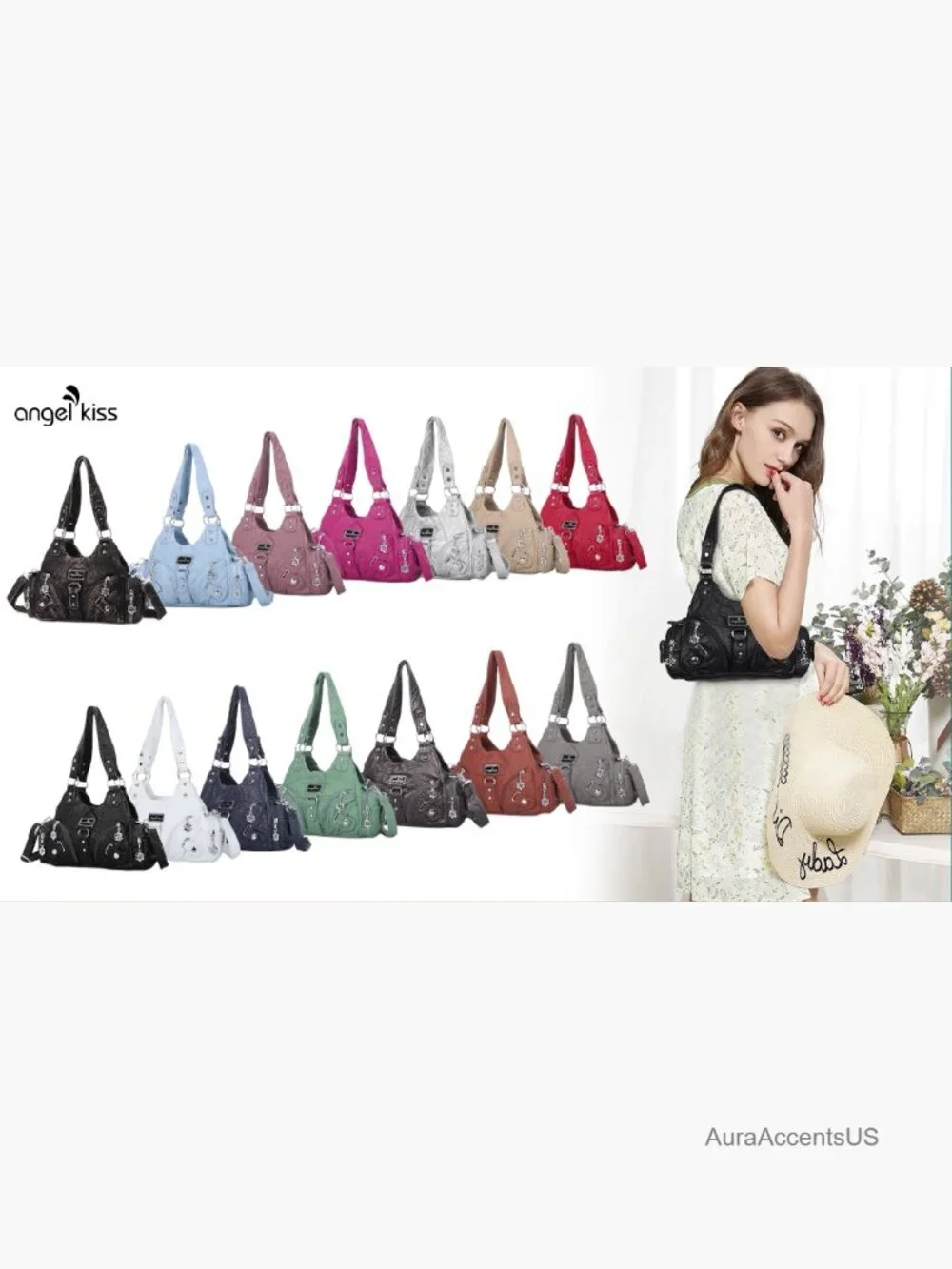 Small Hobo Shoulder Bag Vegan Leather Multi-Pocket Tote with Zipper